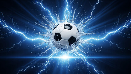 Soccer ball with water splash and lightning strikes blue background football