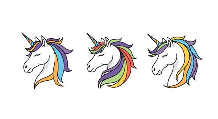 Obraz premium A set of three beautiful unicorn heads with closed eyes and flowing rainbow manes are illustrated against a clean white background.