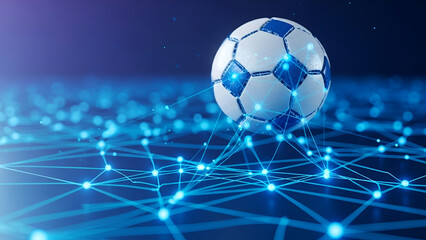 Soccer ball with glowing blue digital network connections football sport