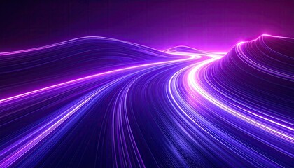 Abstract landscape with glowing trails in hues of purple, winding through hills