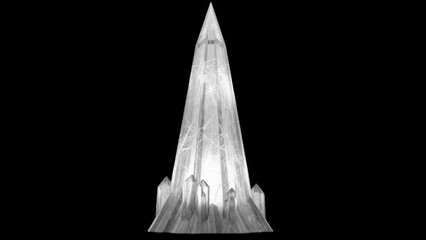 Tall translucent crystal skyscraper with sharp geometric facets and internal light against black background