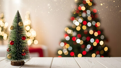 Cozy Christmas scene with small tree on rustic table indoors