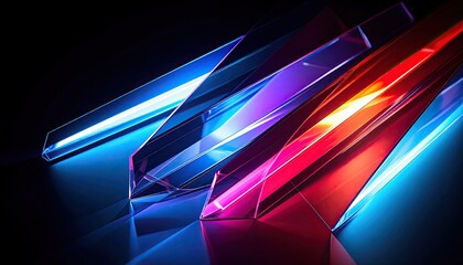Geometric composition with layered, translucent, glowing colored elements on black