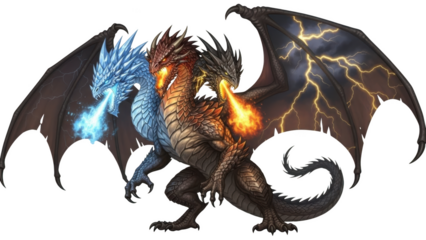 Three headed dragon breathing ice fire and lightning with dark stormy wings hydra mythical creature