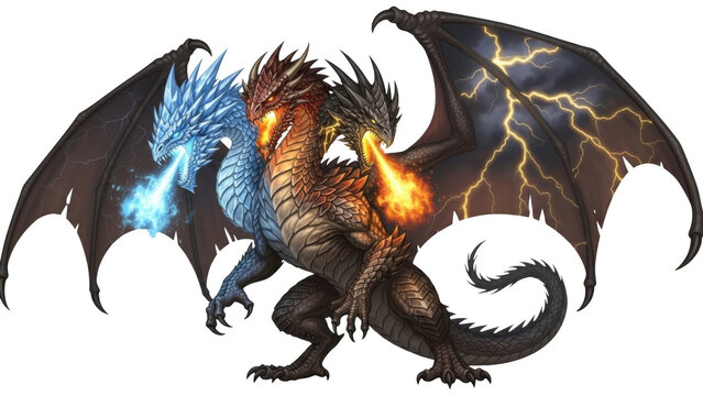 Three headed dragon breathing ice fire and lightning with dark stormy wings hydra mythical creature