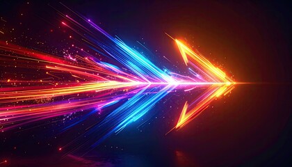 Digital arrow with colorful glowing streaks, suggesting speed and direction, on a dark background