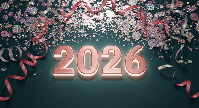 Illuminated number 2026 with confetti and ribbon on a dark background, symbolizing New Year celebration, festive event, or anniversary free space