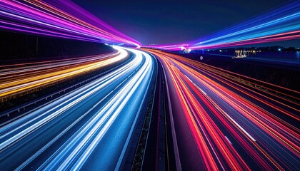 Long exposure captures vibrant streaks of light from moving vehicles on a nighttime highway