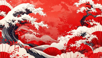 優雅で抽象的なイラスト素材（紅白）