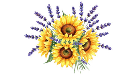 Watercolor bouquet of yellow sunflowers and purple lavender flowers on black background floral