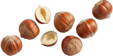 Hazelnuts and hazelnut kernels floating on black floating hazelnuts isolated on a transparent background
