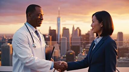 Professional doctor and businesswoman seal a healthcare partnership with a handshake against a stunning city skyline at sunset, symbolizing collaboration and trust in urban medicine - Powered by Adobe