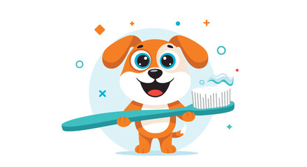 Happy cartoon dog holds a large toothbrush with toothpaste on it promoting good dental hygiene for kids in a fun and colorful way.