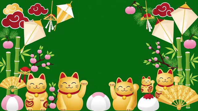 Auspicious maneki neko lucky cats and bamboo japanese new year vector frame