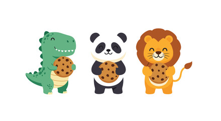 Fototapeta premium Cute cartoon dinosaur panda and lion characters are all happily holding and eating large chocolate chip cookies on a white background.