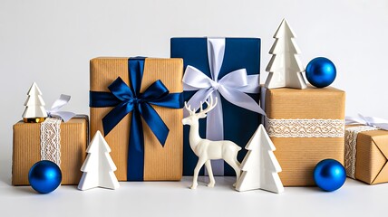 Wrapped gift boxes with ribbons and festive decorations
