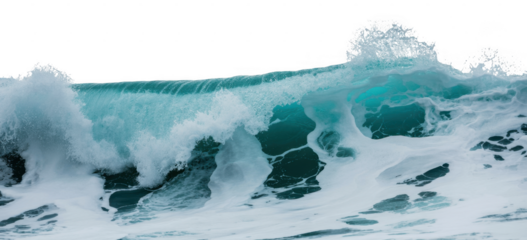 Large ocean wave crashing with white foam and turquoise water isolated on a transparent background