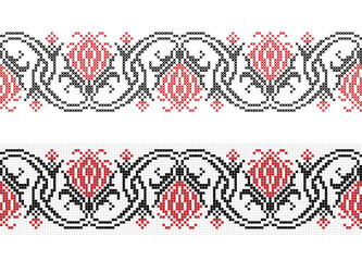 Embroidered cross stitch floral seamless border pattern. Vector illustration