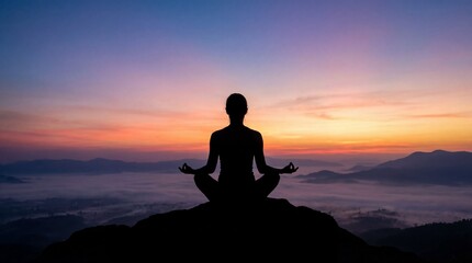 Serene silhouette of a person meditating on a mountain at sunset