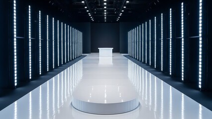 Modern minimalist product showcase space with LED lights and white platform