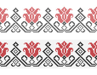 Embroidered cross stitch geometric floral seamless border pattern. Vector illustration