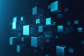 abstract futuristic network of glowing blue cubes connected by luminous lines in dark digital void perfect for tech banner or data visualization background