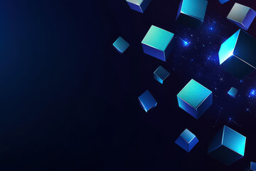 abstract futuristic network of glowing blue cubes connected by luminous lines in dark digital void perfect for tech banner or data visualization background