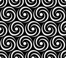 White spirals on a black background. Geometric monochrome seamless pattern. Vector illustration