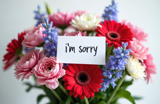 Mixed bright flower bouquet with Im sorry message card. Floral arrangement in pink red white blue. Gift for apology love regret or sympathy.