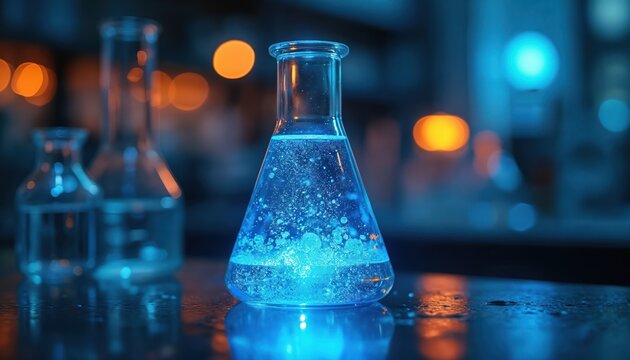 Luminous blue liquid fizzes in flask under lab lights. Bubbles rise in beaker with scientific equipment. Advanced research in chemistry setting. Clean experiment.