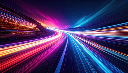 Long exposure shot of speeding lights curving through a highway, illustrating speed, energy