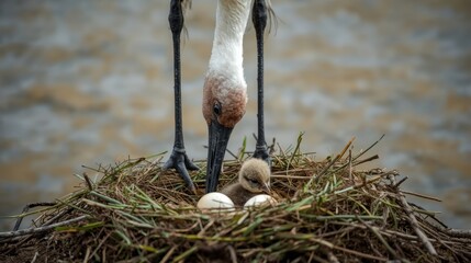 Parent bird tending to chicks in nest
