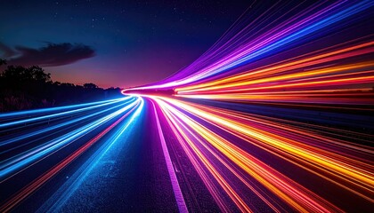 Long exposure shot of car lights blurring across highway at dusk, colorful streaks