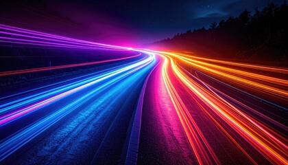 Long exposure captures vibrant light trails of vehicles streaking along a highway at dusk