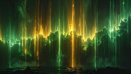 Dramatic ethereal scene of green and gold light streaks over layered mountainous forms