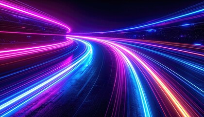 Dynamic perspective of neon light trails resembling a futuristic tunnel, black backdrop