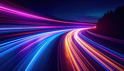 Illuminated highway curve at night, capturing trails of light against a dark, starry sky