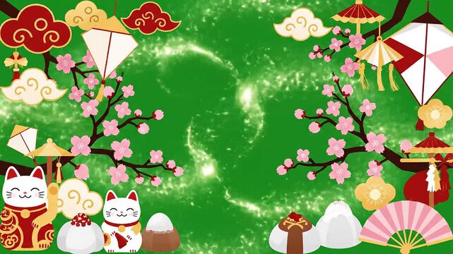 Japanese vector new year border celebration lucky cat frame template festive green screen background