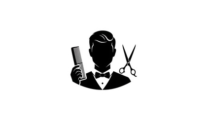 A stylized illustration of a barber with scissors and a comb