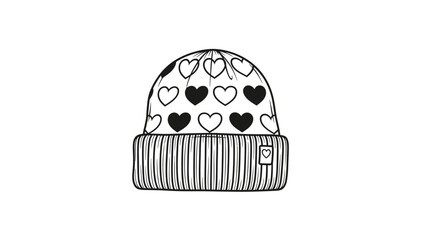 Heart Pattern Beanie Hat Sketch - Black and White Outline Drawing