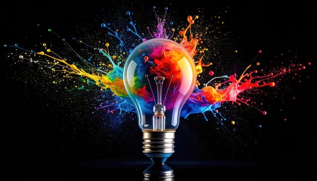 A translucent light bulb, filled with vibrant color explosions, against a dark backdrop - Powered by Adobe