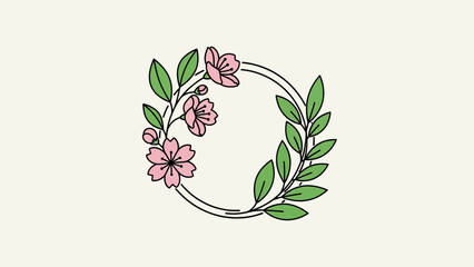 Spring Wreath with Pink Cherry Blossoms and Green Leaves, Minimalist Design