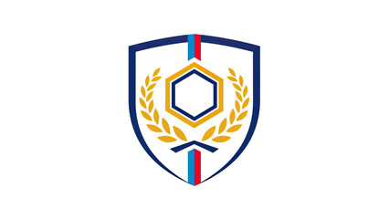 Modern Emblem Shield with Hexagon and Laurel Wreath, Blue, Red, Gold, White