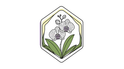 Artistic Orchid Emblem: Elegant Flower Illustration in Hexagonal Frame