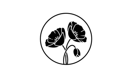 Black Silhouette Poppies in Circle Emblem, Minimalist Floral Icon