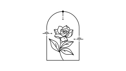 Minimalist Line Art Rose Inside Arch Frame with Dots and Lines