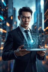 Businessman interacting with holographic interface