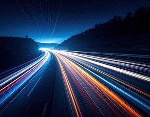 Long exposure captures speeding vehicles' streaks on a highway at night, lit by headlights