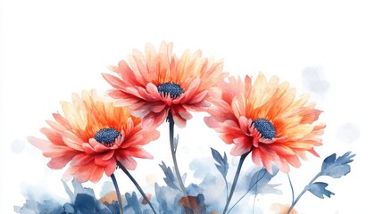 adorable watercolor chrysanthemum flowers, white background