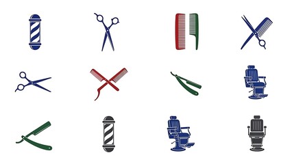 A collection of barber shop tools and equipment on a white background